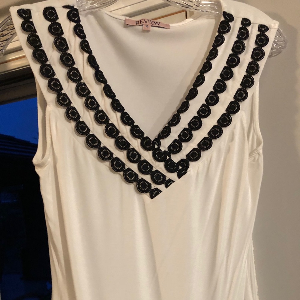 Review tank, white with black lace scalloping